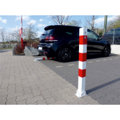 Barrier posts | Steel tube 70 x 70 mm | foldable, with Euro profile cylinder lock | to be fixed by plugswith base plate 100 x 150 mm | hot-dip galvanized and white coatedwith three red reflecting stripes | with 1 eyelet